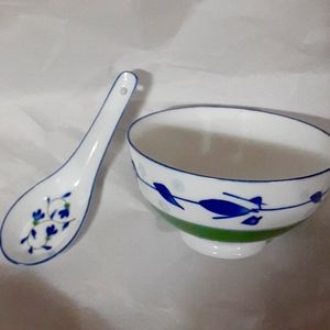 Asian Porcelain Soup Bowl With Spoon
